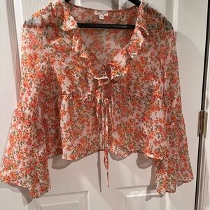 Dizzy Floral Tie-Front Sheer Blouse - Orange and White